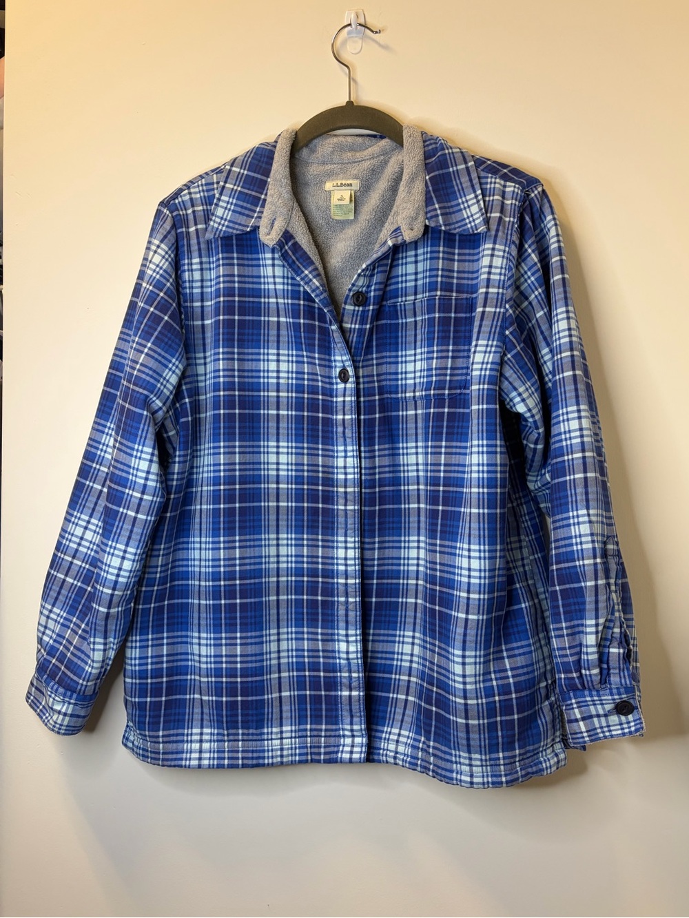 L.L.Bean Blue Plaid Fleece-Lined Flannel Jacket – Size S Petite Y2K Late 2000s